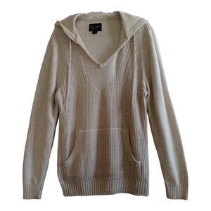 Retrofit Hooded Sweater Womens Medium Beige Long Oversized Kangaroo Pockets Knit